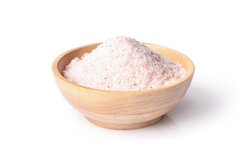 Pink himalayan salt in wooden bowl isolated on white background with clipping path.