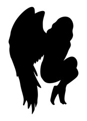 Angel's silhouette isolated on white background vector illustration. Woman with wings lies in the fetal position. Shadow of angel with folded wings. Lonely angel. 