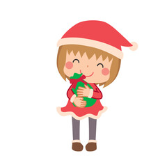 プレゼントを抱きしめて微笑むサンタクロースのコスチュームを着た可愛い小さな女の子のイラスト　白背景