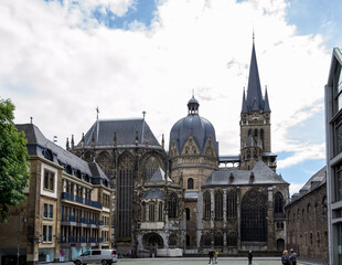Obraz premium Architectural detail of the Aachen Cathedral in Aachen, Germany, one of the oldest cathedrals in Europe, constructed by order of Emperor Charlemagne, who was buried there in 814