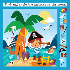 Find and circle objects. Educational game, puzzle for children. Cute pirate and treasure on desert island. Vector illustration.