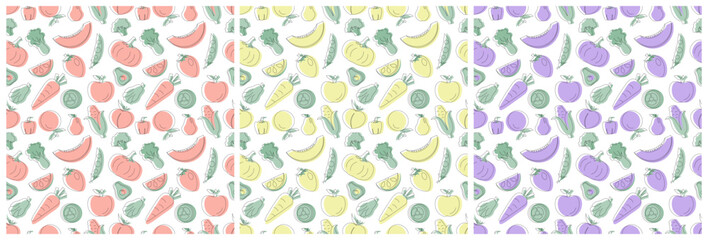 Set of Vegetarian, Fruit or Vegetables Seamless Pattern Design with Fresh, Organic and Natural Food in Hand Drawn Flat Cartoon Background Illustration
