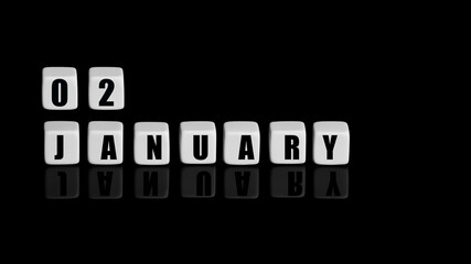 January 2th. Day 2 of month, Calendar date. White cubes with text on black background with reflection.Winter month, day of year concept