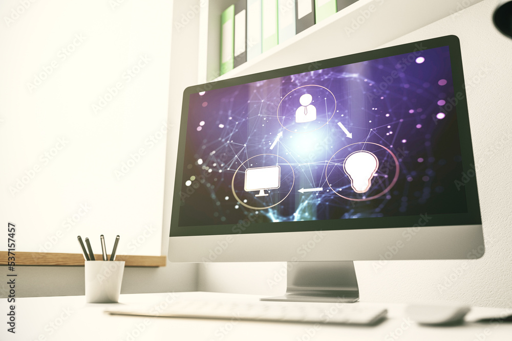 Poster modern computer display with social network icons concept. networking concept. 3d rendering