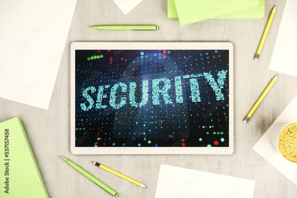 Poster Cyber security creative concept on modern digital tablet monitor. Top view. 3D Rendering