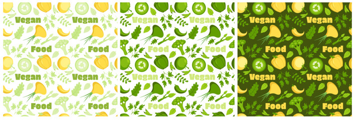 Set of Vegetarian, Fruit or Vegetables Seamless Pattern Design with Fresh, Organic and Natural Food in Hand Drawn Flat Cartoon Background Illustration