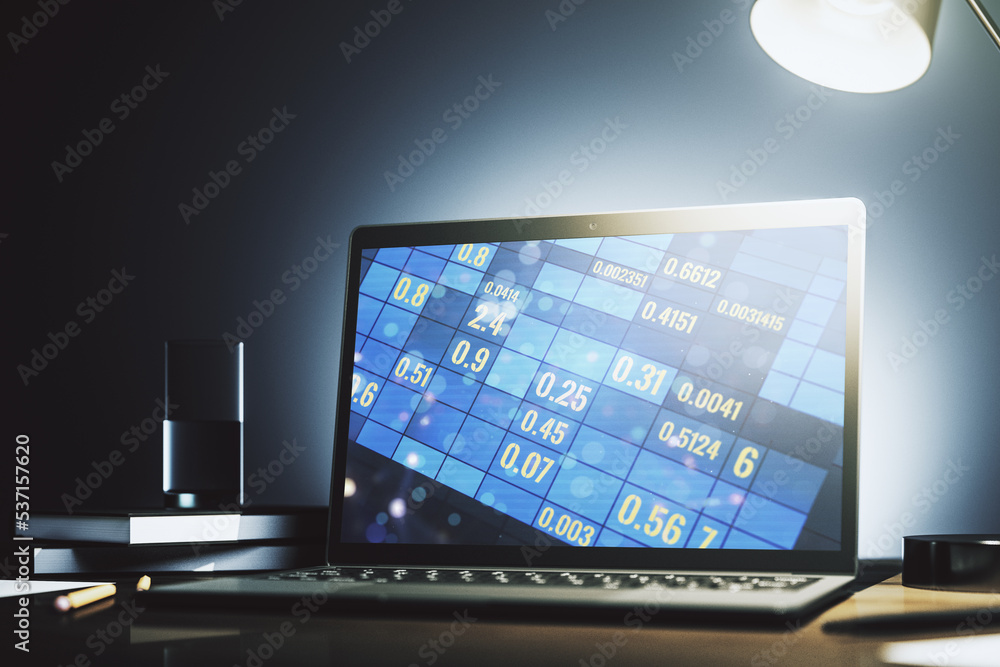 Poster stats data illustration on modern laptop monitor, computing and analytics concept. 3d rendering
