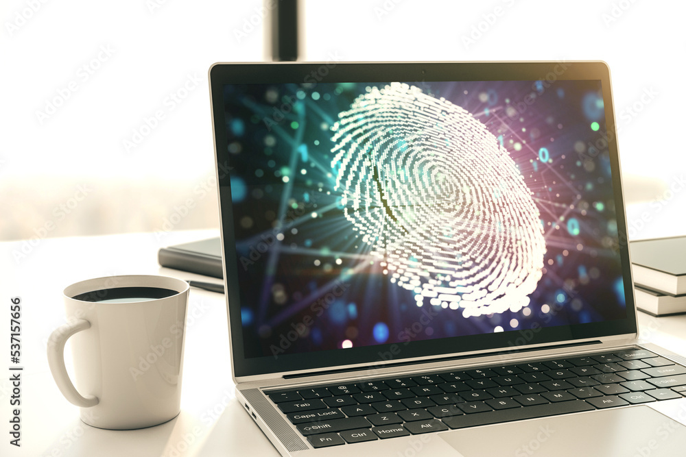 Aufkleber computer monitor with abstract creative fingerprint illustration, personal biometric data concept. 3