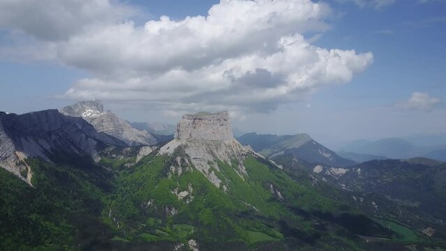 Mont Aiguille and The Vercors High Plateaus on a Beautiful Day (panoramic). Vercors Regional Natural Park in Isere (Rhone-Alpes), French Alps, France