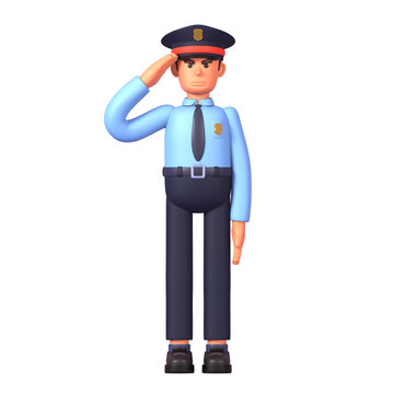 3d render of policeman in blue shirt standing still and saluting