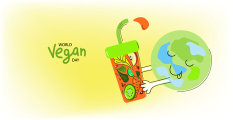 Funny planet character holds in his hands Glass with a bright juicy fruit smoothie. healthy food concert. Vector flat cartoon banner of World Vegetarian Day. 