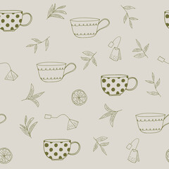 cups, tea leaves, tea bags, lemon slices seamless pattern hand drawn in doodle style. vector, minimalism, monochrome, scandinavian. wallpaper, wrapping paper, textiles, background.