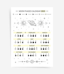 One page 2023 moon calendar planner. Modern Minimal lunar agenda calendar 2023 poster template design. Lunar phases schedule and cycles for 2023 year. - obrazy, fototapety, plakaty