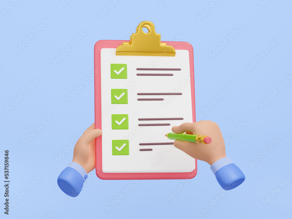 Poster 3d render checklist on clipboard with hand holding pencil and put ticks in checkboxes. paper sheet o
