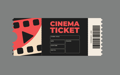 Realistic  front view flat vector illustration design of a minimal but modern cinema ticket with seat, theater, date, movie name information.