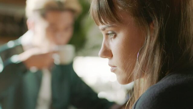 Thinking, Remote Work And Research Woman In Cafe Busy Reading Online News With Focused Face. Concentration, Focus And Analysis Of Girl Working At Coffee Shop With Internet Connection Closeup.