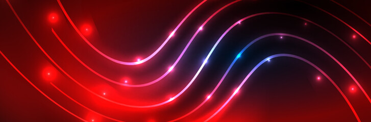 Shiny neon lights, dark abstract background with blurred magic neon light curved lines