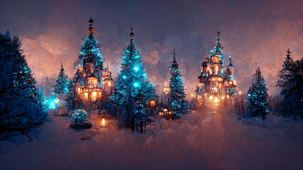 Fototapeta na wymiar Winter fairy castle holiday decorations neon night