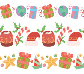 Vector set of seamless festive borders. Frame with candles, santa hat and sock, christmas gifts, decoration and confetti. Christmas element