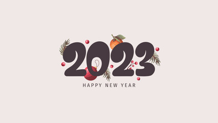 Happy New Year 2023 card designwith spruce branches, christmas balls, tangerine. Vector illustration for banner, card, postcard, cover.