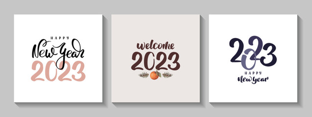 Set of cards with Happy New Year 2023 handwritten lettering. Square vector illustrations for banner, card, postcard, cover.