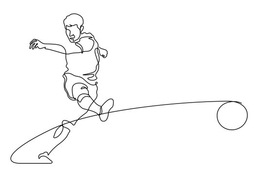 footballer kicking a ball as a long pass,shooting,salvo for a goal line art vector illustration. Continuous line drawing style isolated on white background