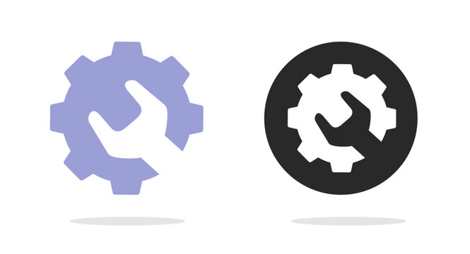 Tool wrench fix repair logo vector icon or technical mechanical support help workshop service logotype as cogwheel pictogram graphic illustration, custom engineering maintenance design