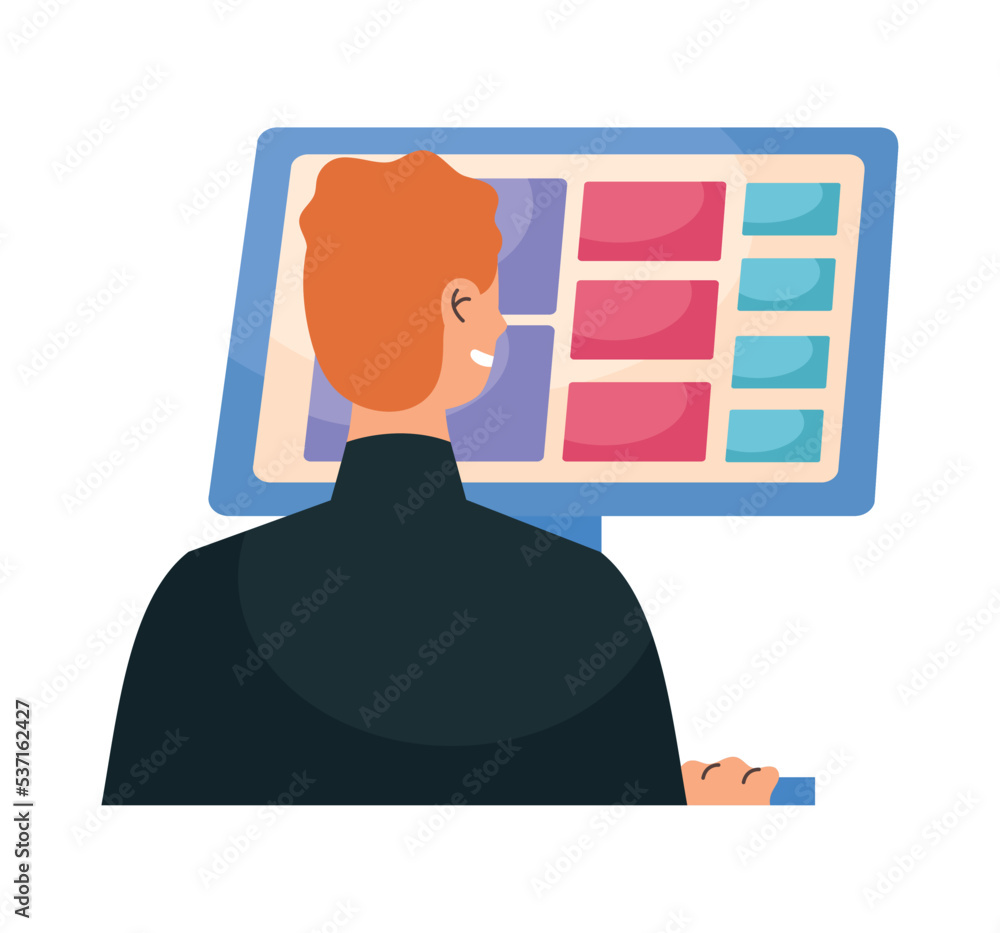 Poster man using desktop back