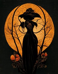 Black silhouette of Halloween Witch, orange moon pumpkin, dead trees and cobwebs - 537162429