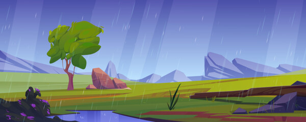 Summer meadow in mountain valley in rain. Countryside landscape with green grass, tree, stones, log and rocks on horizon in rainy weather, vector cartoon illustration © klyaksun