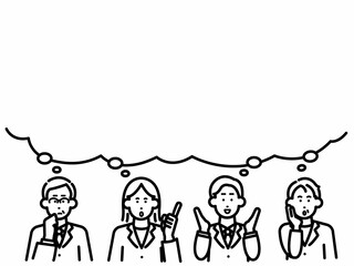 複数のビジネスパーソンが意見を言う、考える吹き出し付きのイラスト素材