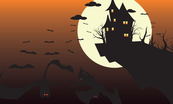 Halloween Background, Scary background, flying bat, scary tree with full moon, spider net, and orange sky