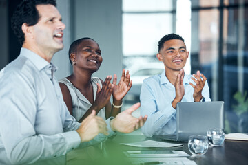 Clapping, office workshop and teamwork training in presentation, business conference or tradeshow....