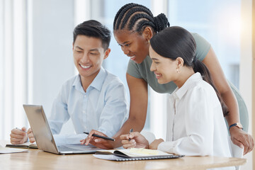Business people, laptop and strategy in office with happy, creative design team working on...