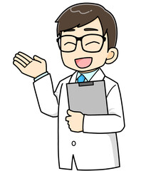 資料を持って、説明案内する白衣の男性