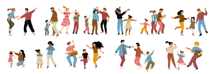 Fototapeta na wymiar Happy couples and families with kids dancing. Diverse characters, excited men and women dance with boys and girls isolated on white background, vector hand drawn illustration
