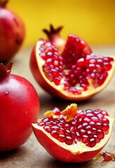 Fresh ripe whole and cut pomegranate fruit with seeds and leaves