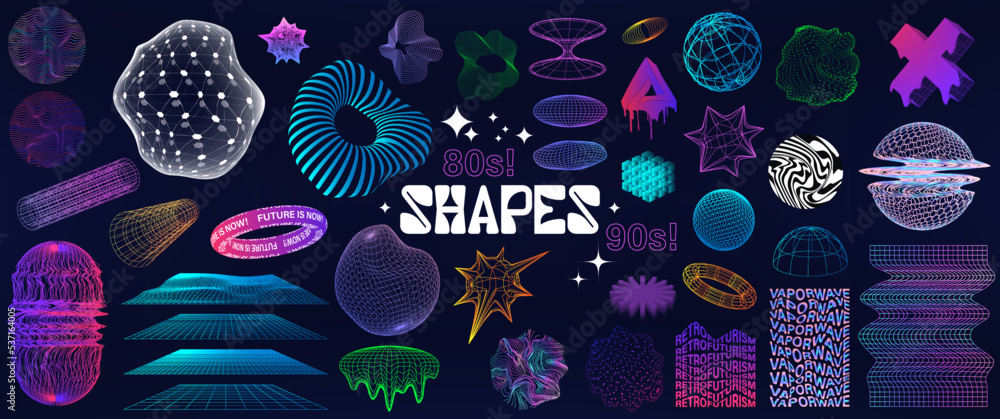 Aufkleber Digital neo futuristic shapes, grids, abstract elements. Neo memphis collection retrofuturism style. Cyber elements with glitch, liquid elements style. Vaporwave and cyberpunk. Digital shapes. Vector