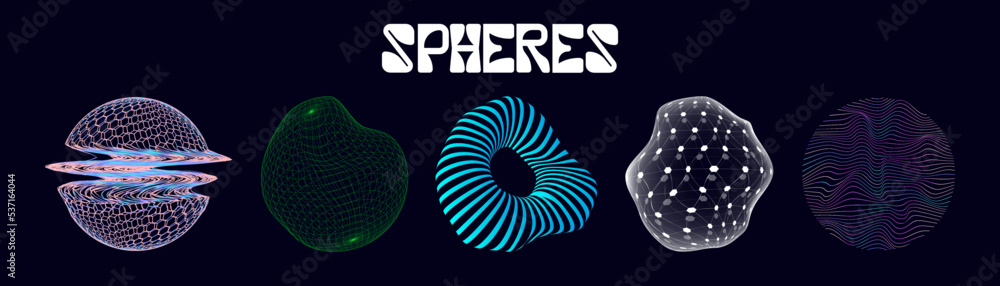 Poster Spheres, abstract shapes objects in the style of retrofuturism with effect glitch, liquid. Holographic illuminated in 80s-90s. Retro futuristic design vaporwave, synthwave for merch, t-shirt. Vector	
