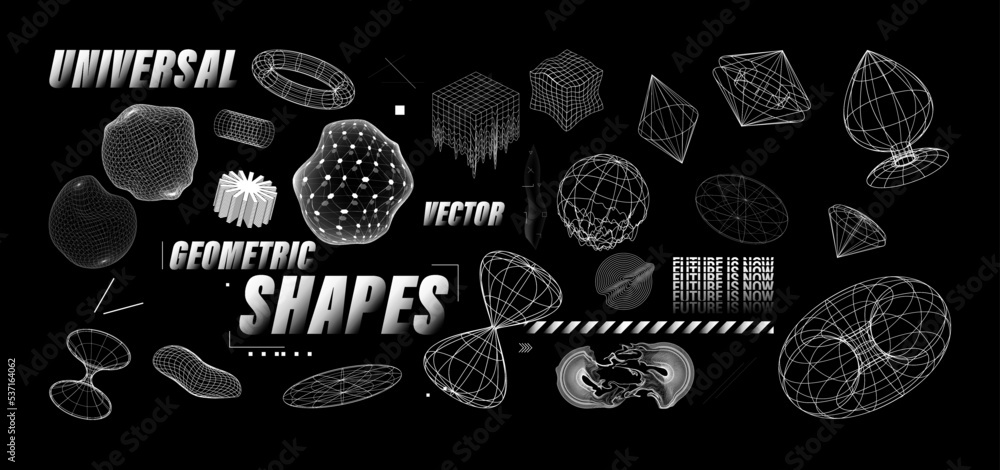 Poster Futuristic shapes isolated on black background. Retrofuturistic set elements with glitch, liquid effect. 3D abstract forms in 90s and 80s. Universal geometric shapes and spheres. Vector graphic set	
