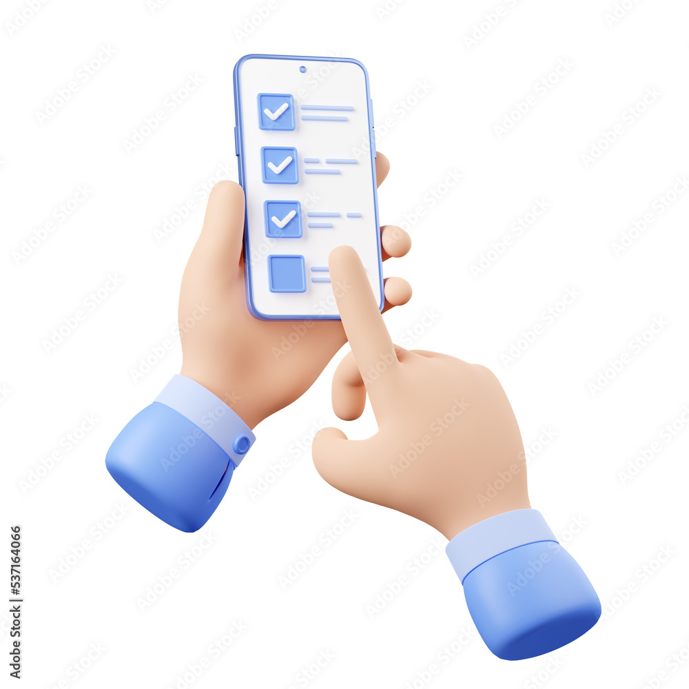 Poster 3d render smartphone in hands with finger fill online survey or test form on screen. phone and foref