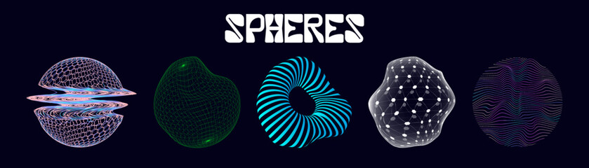 Spheres, abstract shapes objects in the style of retrofuturism with effect glitch, liquid. Holographic illuminated in 80s-90s. Retro futuristic design vaporwave, synthwave for merch, t-shirt. Vector	
