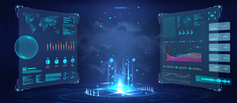 Futuristic 3D lab with hologram with HUD interface in perspective view. Realistic light aura and glowing hologram. Template 3D lab with stage, magic portal, teleport, hologram for presentation. Vector