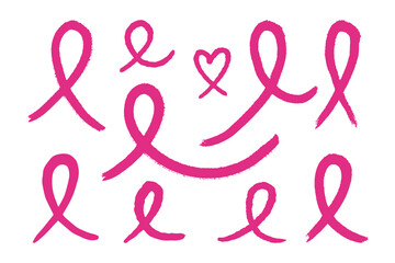 Obraz premium Set of hand drawn pink ribbons. Symbol of the fight against breast cancer. Vector illustration.