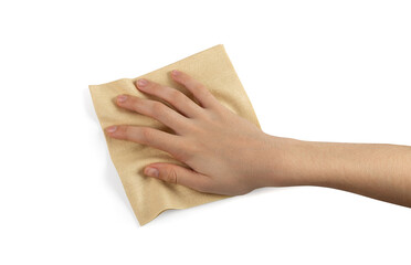 Bamboo Cleaning Cloth in Hand Isolated, Wipe Beige Rag, Biodegradable Cleaning Towel