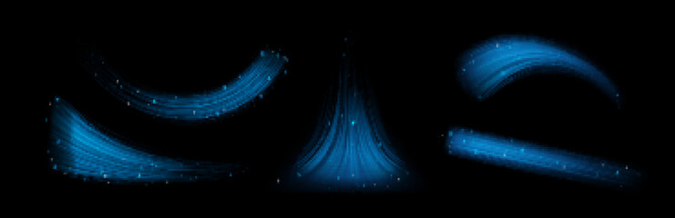 Blue wind waves effect. Abstract light motion trails with sparkles isolated on black background. Fresh cold air blowing from conditioner or cooler, vector realistic set