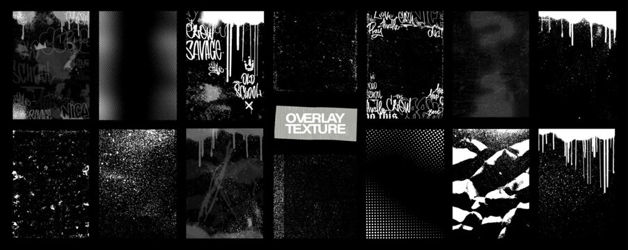 Monochrome Texture Overlay Stamps set - effect spray, grainy, graffiti, grunge. Vector von overlay texture Grain noise particles, damage, grunge, spray, monochrome, vintage. Vector stamps grunge	
