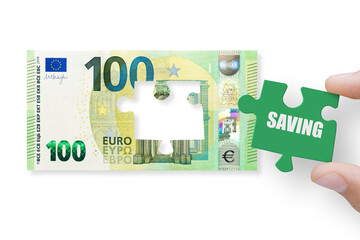 The concept of financial crisis and recession. 100 euros note isolated on a white background with...