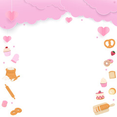 Bakery products with pink cloud on white background