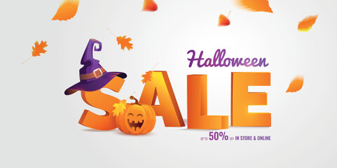Happy Halloween Sale Background with Laughing pumpkin, Big 3d letters Sale and falling autumn leaves. Vector illustration.